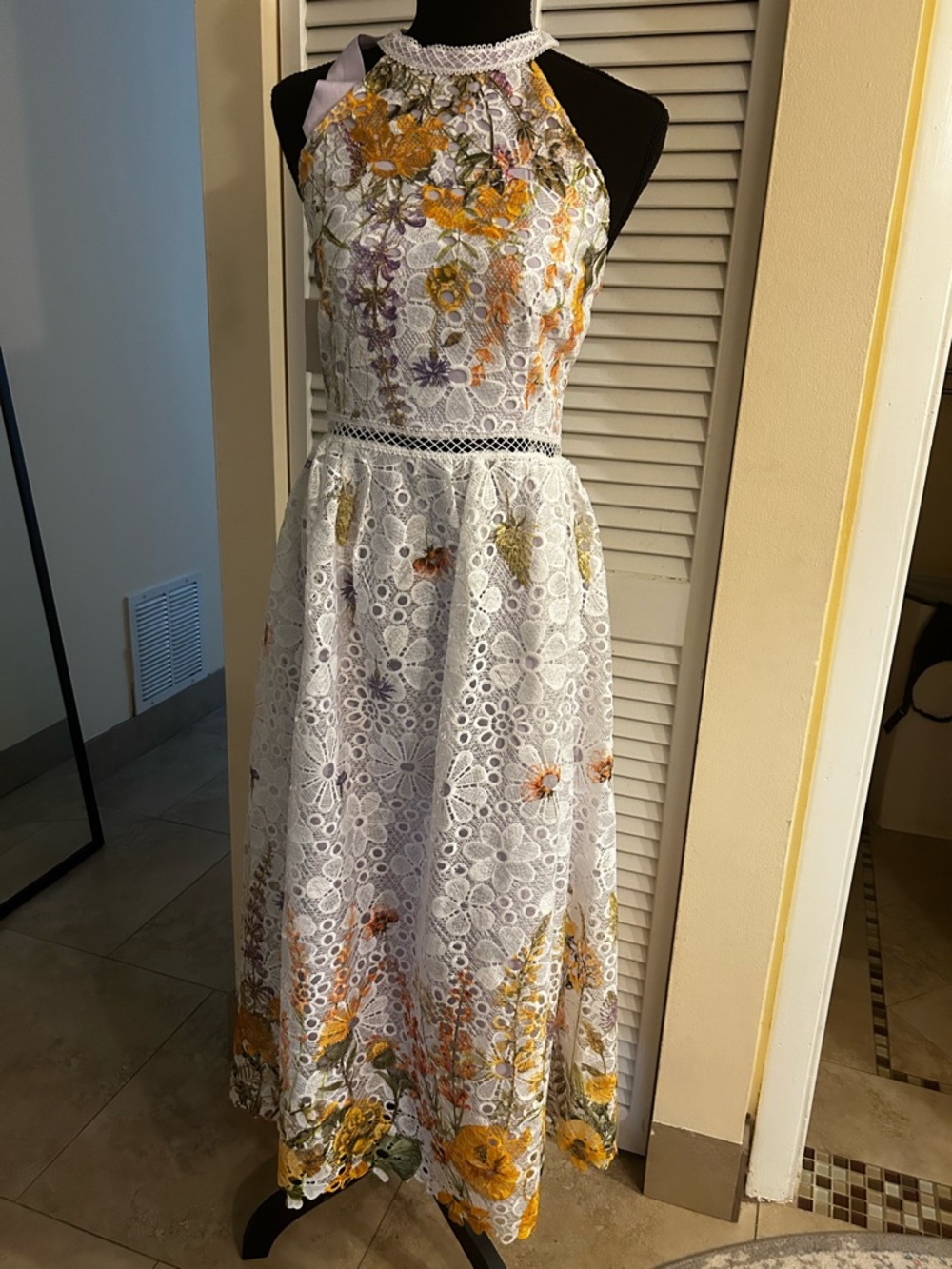White Lace Floral Halter Midi Dress with Yellow & Purple Flowers